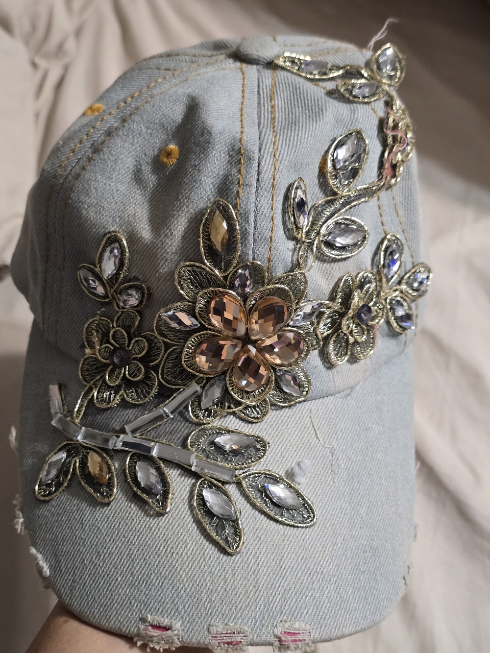 Embellished Light Blue Denim Baseball Cap with Floral Crystal Appliqué